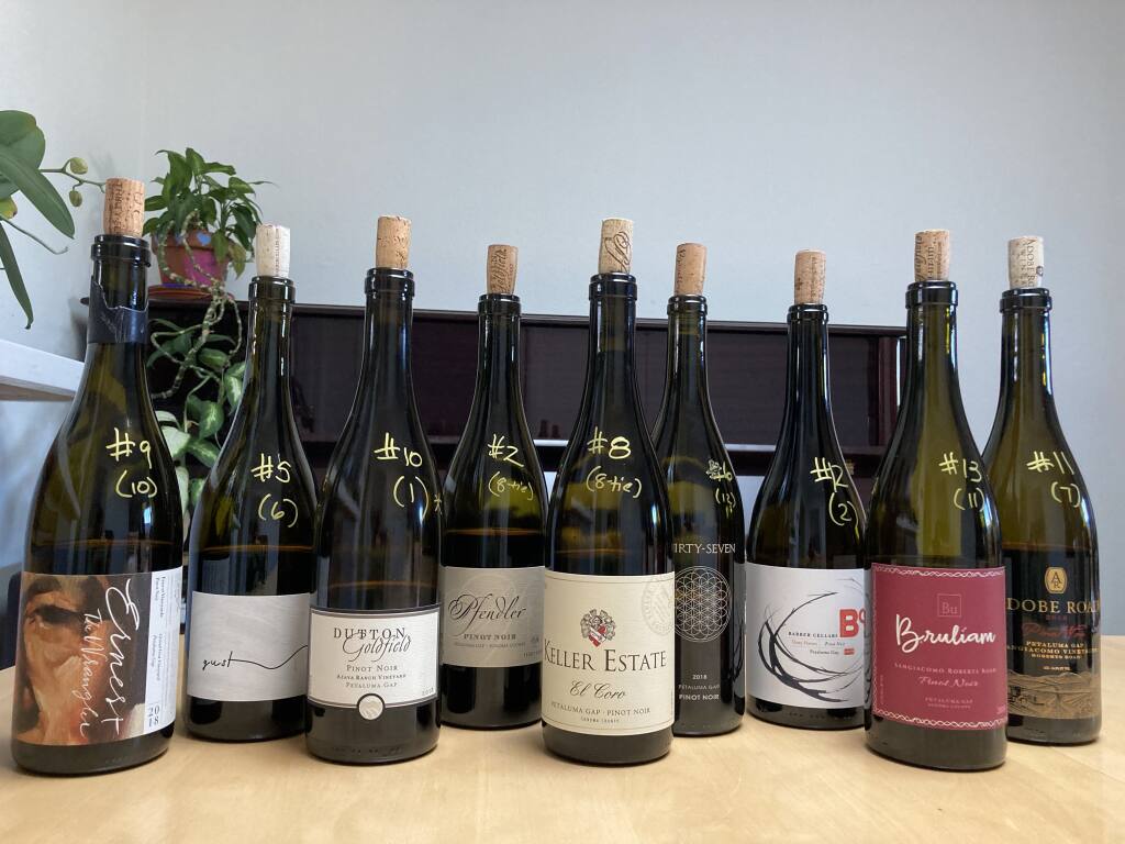 These are only the Pinot Noirs grown in the Petaluma Gap region. These wine tasters will have to return another season to enjoy the rest of the Petaluma Gap bounty. Peter Posert photo.