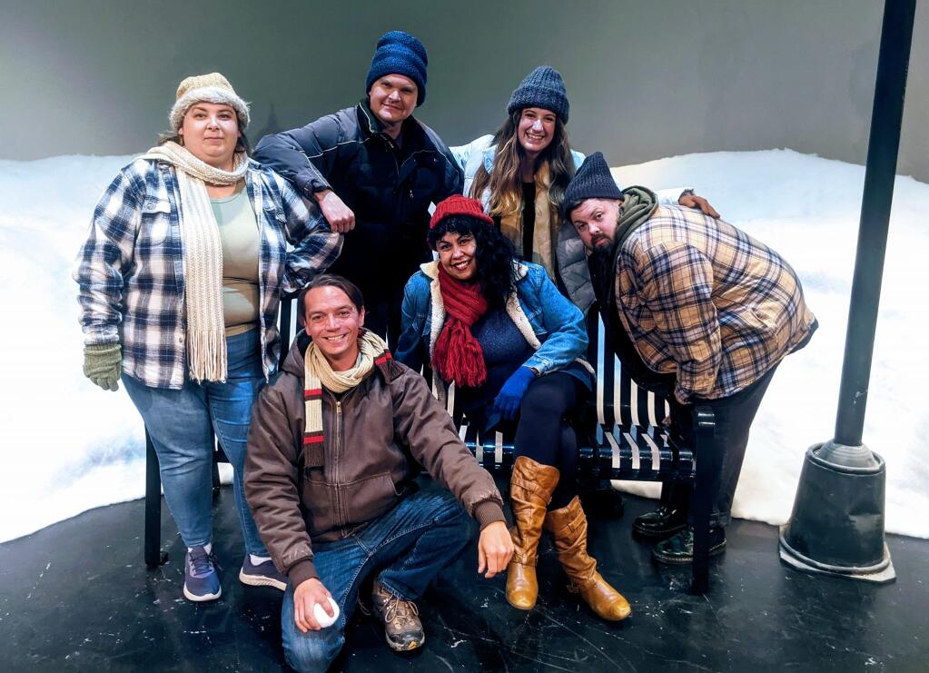The cast of “Almost, Maine,” opening March 25 at Spreckels Performing Arts Center, and directed by Petaluma’s Anderson Templeton. From left to right: Molly Larsen-Shine (standing), John BRowning (standing), Skylar Evans (sitting), Serena Elize Flores (crouching) Allie Nordby (standing) and BRandon Wilson (leaning over). (COURTESY OF ANDERSON TEMPLETON)