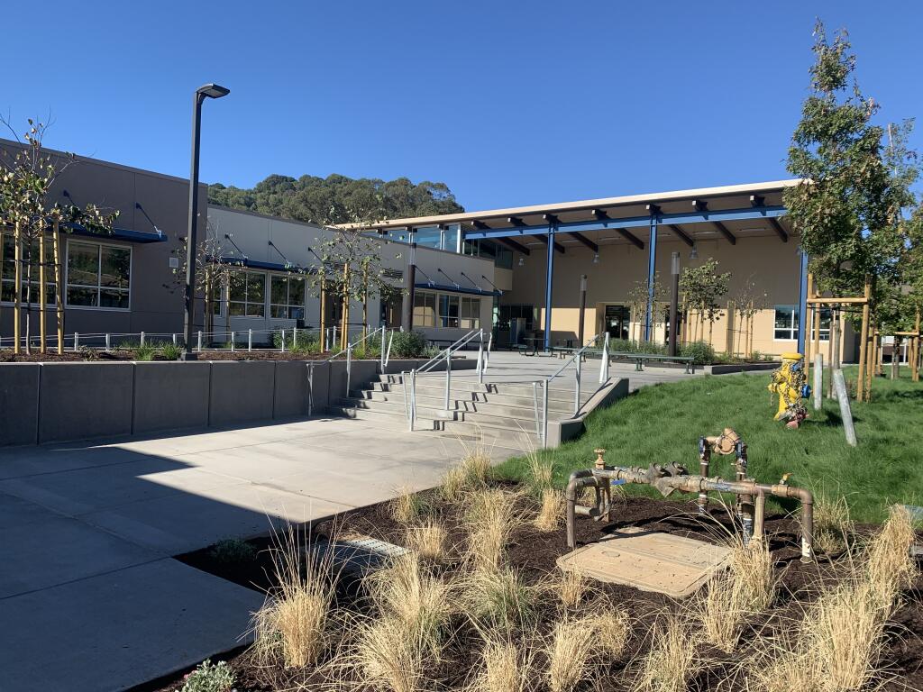 The main entrance to Novato’s new STEM center at the San Marin High School, seen here on Oct. 15, 2020, leads to 10 classrooms and labs as well as student break out spaces, group study and staff support space. (Courtesy of Quattrocchi Kwok Architects)