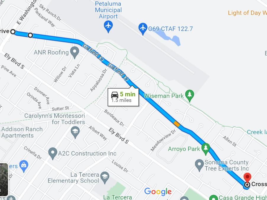 A 1.5-mile stretch of Garfield Drive between Washington and Cross Creek streets in east Petaluma is slated to be repaved in the summer of 2023 as part of a larger “Pavement Restoration” initiative. (Google Maps image)