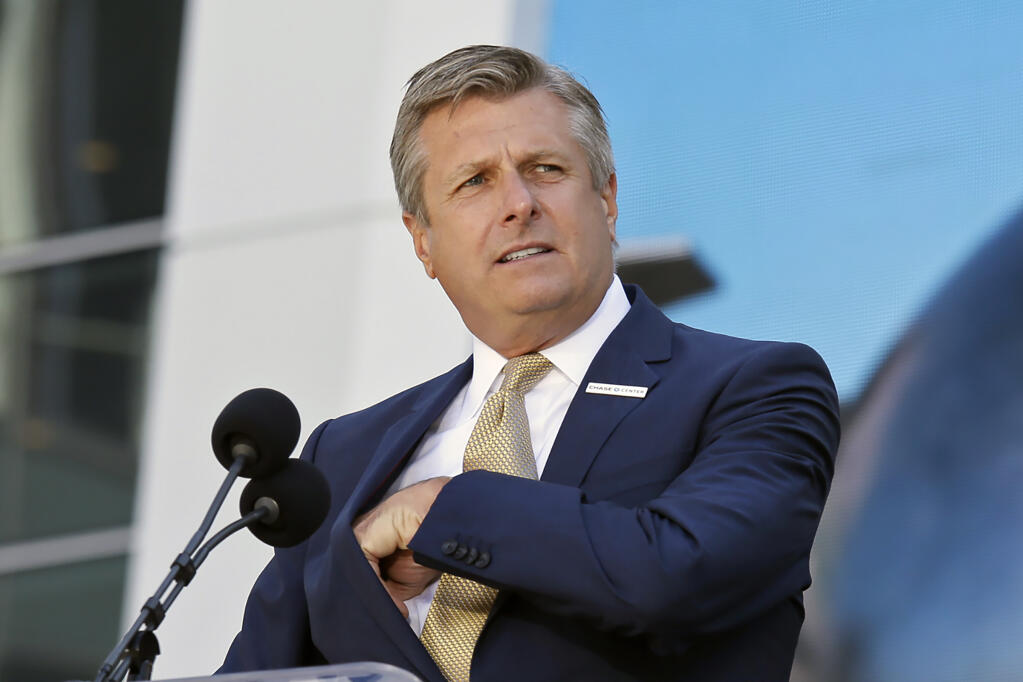 Golden State Warriors COO and President Rick Welts during the ribbon-cutting ceremony for the Chase Center on Tuesday, Sept. 3, 2019, in San Francisco. (Eric Risberg / ASSOCIATED PRESS)