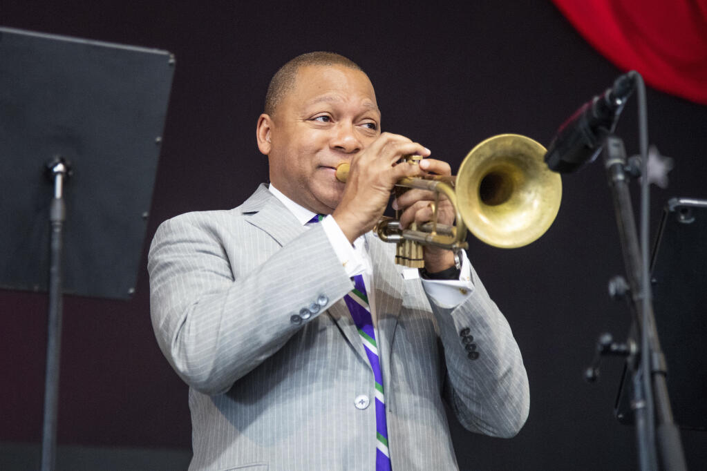 Wynton Marsalis will perform Sept. 29 with the Jazz at Lincoln Center Orchestra at Green Music Center in Rohnert Park. In this photo, Marsalis performs during the Ellis Marsalis Family Tribute at the New Orleans Jazz and Heritage Festival, Sunday, April 28, 2019, in New Orleans. (Amy Harris/Invision/AP)
