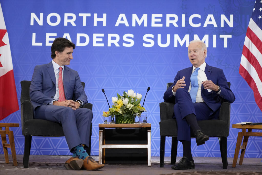 President Joe Biden speaks as he meets with Canadian Prime Minister Justin Trudeau at the InterContinental Presidente Mexico City hotel in Mexico City,Tuesday, Jan. 10, 2023. (AP Photo/Andrew Harnik)