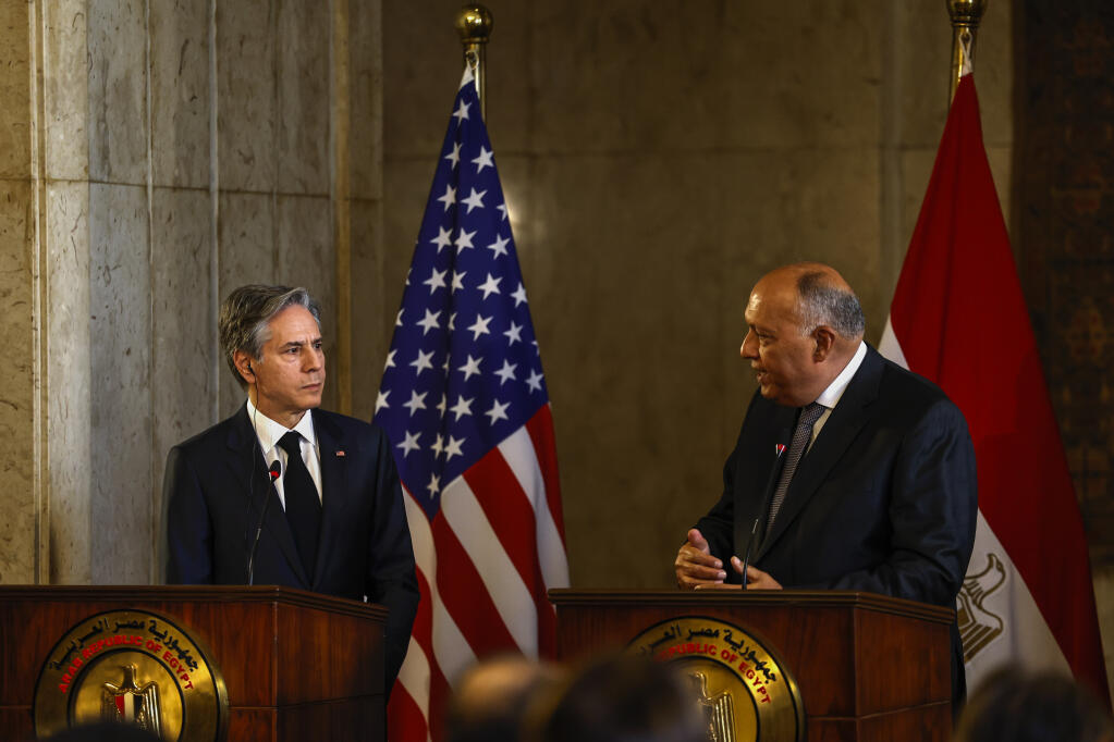 U.S. Secretary of State Antony Blinken, left, and Egyptian Foreign Minister Sameh Shoukry hold a press conference in Cairo, Egypt, Monday Jan. 30, 2023. (Khaled Desouki/Pool via AP)