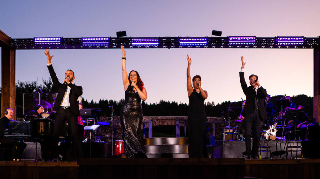 The Transcendence Theare Company’s 2018 gala performance at Jack London State Historic Park featured, from left, Joey Khoury, Erin Maya, Arielle Crosby and Tony Gonzalez. The company returns with a series a drive-in show at various Sonoma County locations in June. (Ray Mabry.)