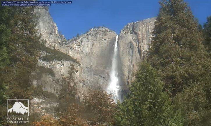 A view of Yosemite Falls on Wednesday, Oct. 27, 2021, after heavy rainfall and snow in Yosemite National Park over the weekend. (Yosemite Conservancy)
