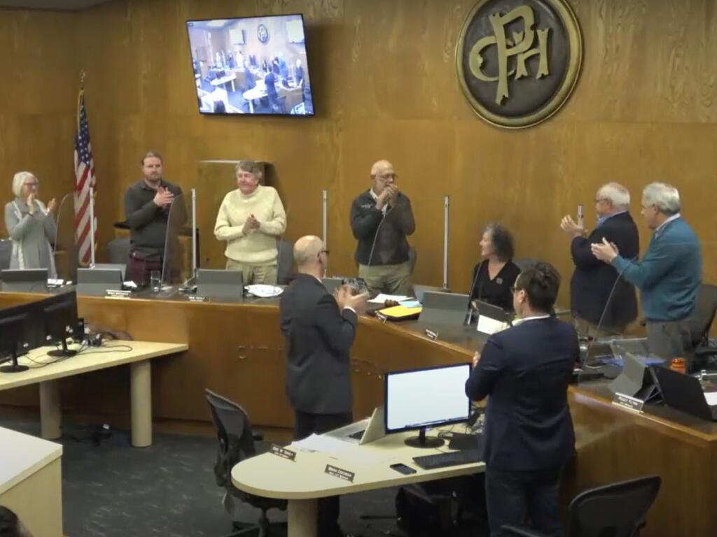Mayor Teresa Barrett receives a standing ovation at the last Petaluma City Council meeting of 2022, as she passes the baton to newly elected Mayor Kevin McDonnell. (Image courtesy City of Petaluma)