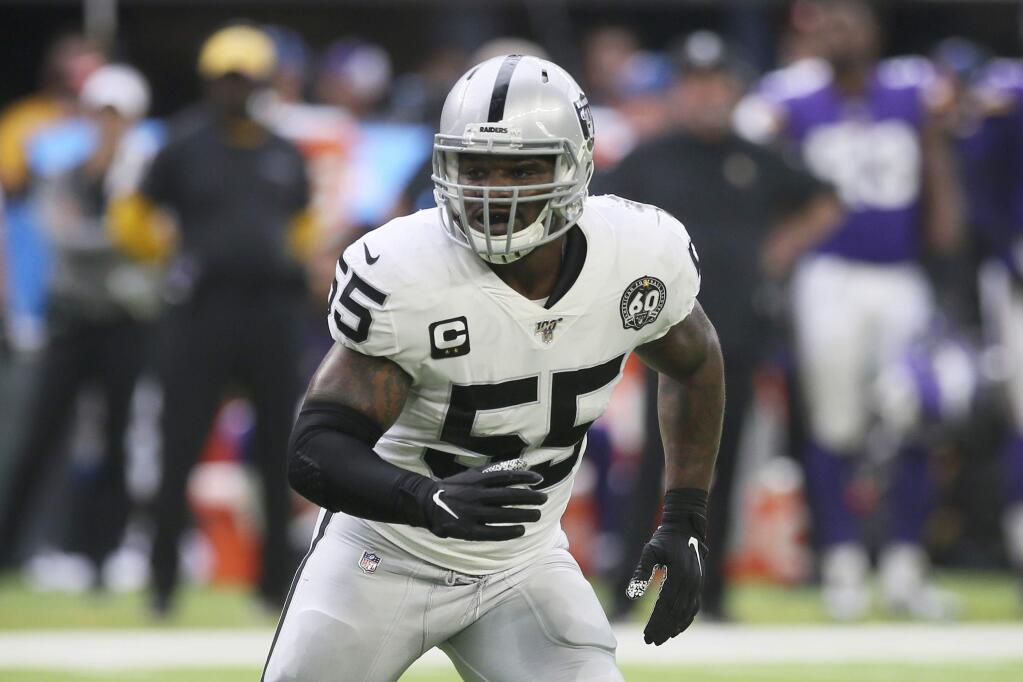In this Sunday, Sept. 22, 2019, file photo, Oakland Raiders outside linebacker Vontaze Burfict gets set for a play during the first half against the Minnesota Vikings, in Minneapolis. Burfict has been suspended for the rest of the season for a helmet-to-helmet hit on Indianapolis Colts tight end Jack Doyle, on Sunday, Sept. 29. (AP Photo/Jim Mone, File)