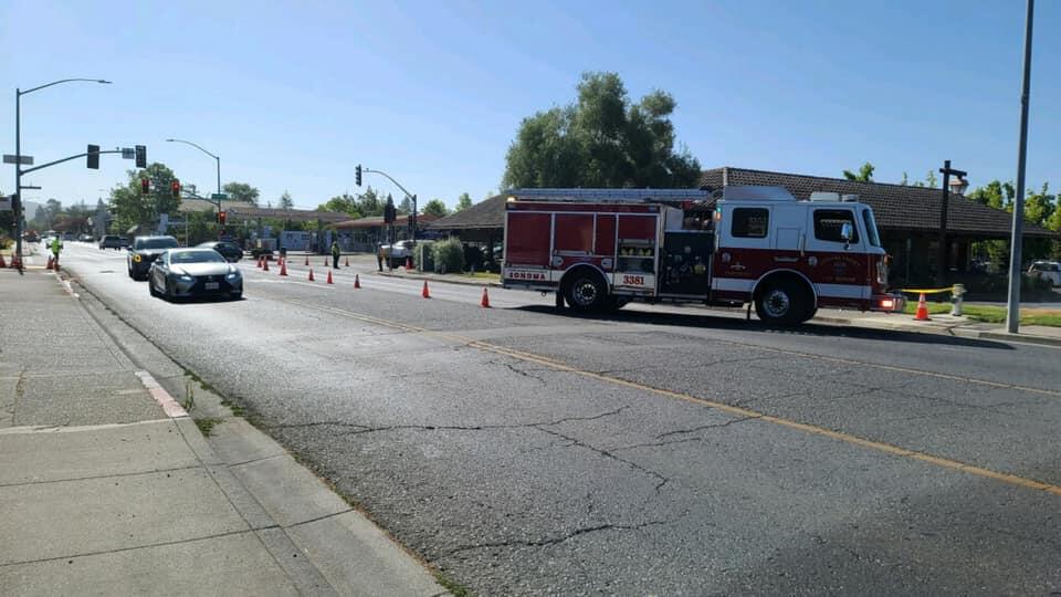 Napa Street was closed at Second Street in Sonoma because of a gas leak on Thursday, July 22, 2021. (Sonoma Valley Fire District/Facebook)