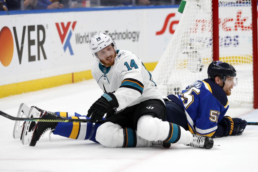 San Jose Sharks center Gustav Nyquist (14), of Sweden, gets off of St. Louis Blues defenseman Colton Parayko (55) during the second period in Game 6 of the NHL Stanley Cup Western Conference final series Tuesday, May 21, 2019, in St. Louis. (AP Photo/Jeff Roberson)
