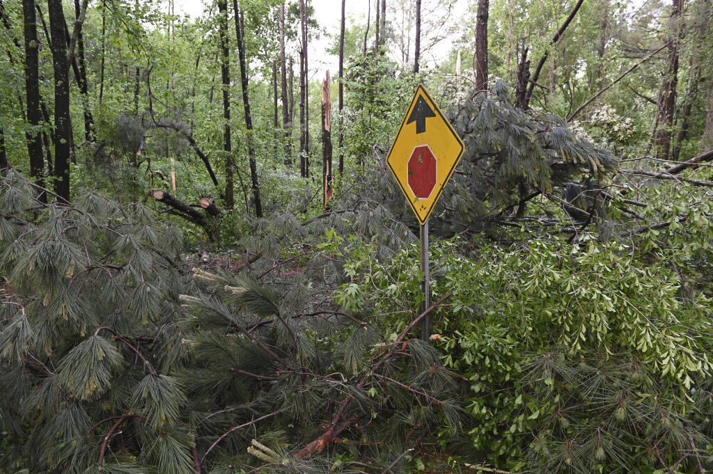 Downed trees cover Oakview Drive in Tupelo, Miss., Monday, May 3, 2021. A line of severe storms rolled through the state Sunday afternoon and into the nighttime hours. Late Sunday, a “tornado emergency” was declared for Tupelo and surrounding areas. (AP Photo/Thomas Graning)