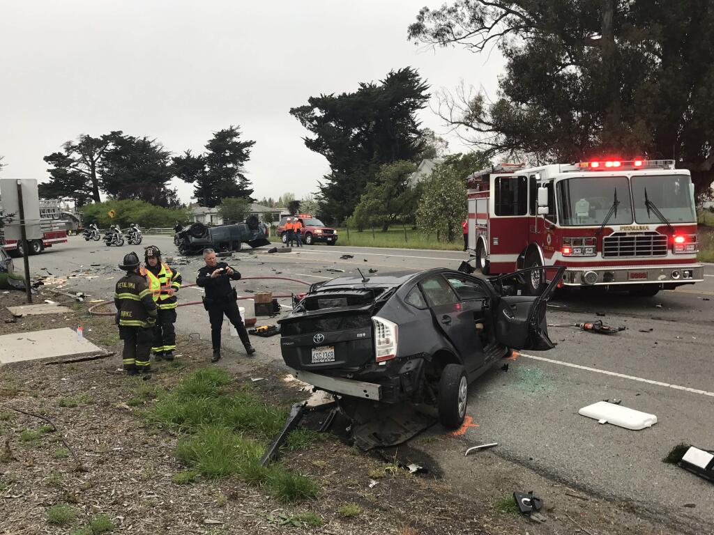 One person died in a crash in southern Petaluma Tuesday, April 24, 2018. (Beth Schlanker/The Press Democrat)