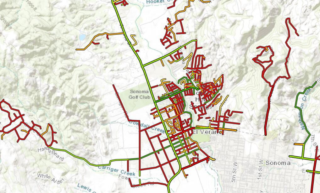 County data on the state of roads in Boyes Hot Springs and El Verano show widespread number of “poor” quality of roads (in red). (Sonoma County Department of Transportation & Public Works)