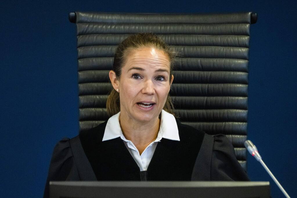 District court Judge Annika Lindström announces the verdict against Philip Manshaus at the district court of Baerum and Sandvika, Norway, on the last day of his trial, Thursday, Jun 11, 2020. Manshaus, a Norwegian man, is charged with murder and terrorism in the killing of his stepsister and the storming of an Oslo mosque. (Håkon Mosvold Larsen/NTB Scanpix via AP, POOL)