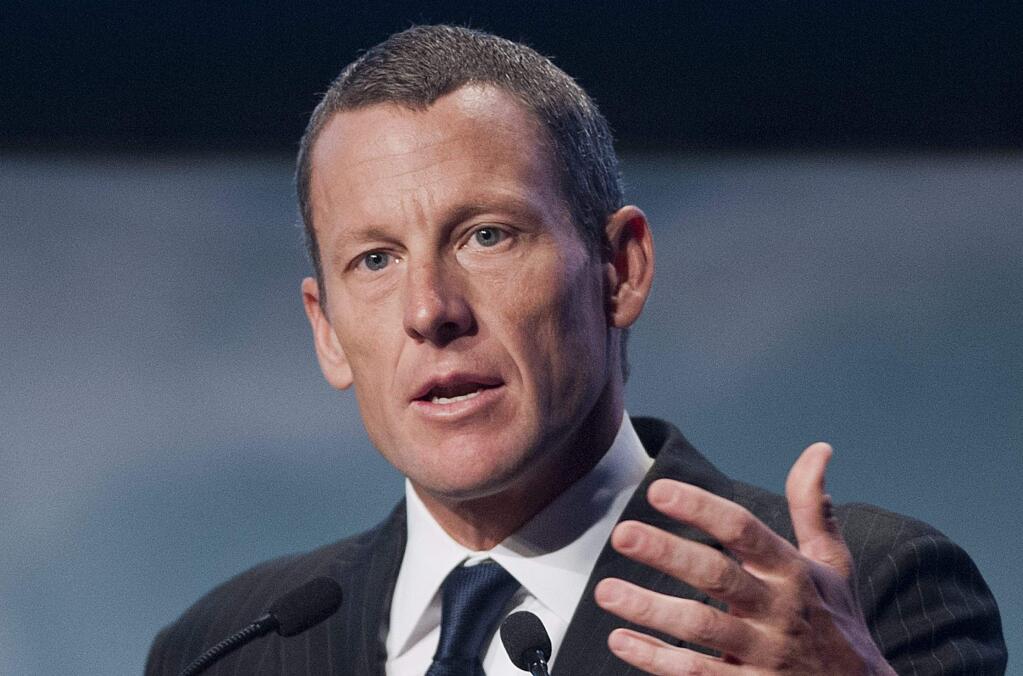 FILE - In this Aug. 29, 2012 file photo, Lance Armstrong speaks to delegates at the World Cancer Congress in Montreal. A three-man arbitration panel has ordered Armstrong and Tailwind Sports to pay $10 million in a fraud dispute with SCA Promotions, the promotions company announced Monday, Feb. 16, 2015. (AP Photo/The Canadian Press, Graham Hughes, File)