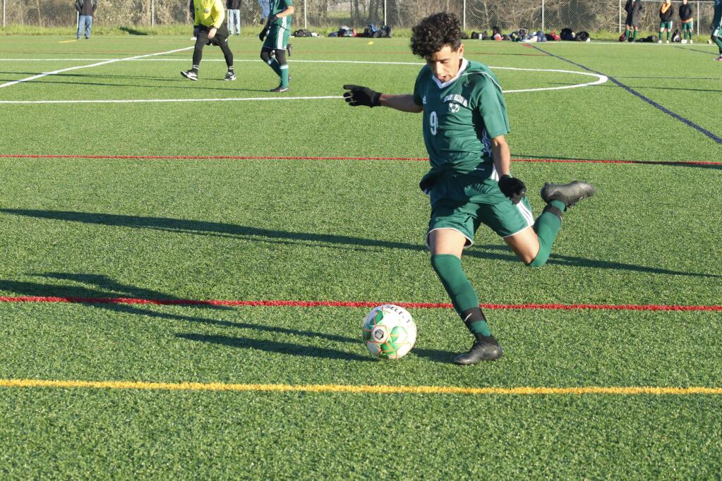Junior Agustín Sanabria makes a play on the FieldTurf field at Adele Harrison Middle School during the 2018-19 soccer season. (Christian Kallen/Index-Tribune)