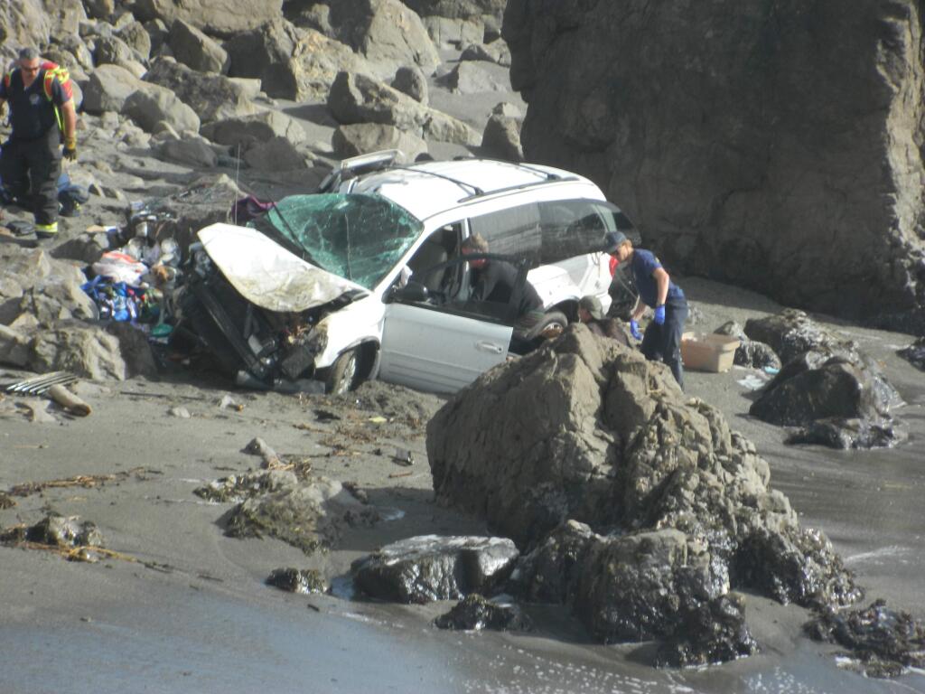 A driver was injured in a crash off Highway 1 near the Coleman Beach parking lot on the Sonoma Coast on Saturday, April 7, 2018. (COURTESY OF PAT PATERSON)