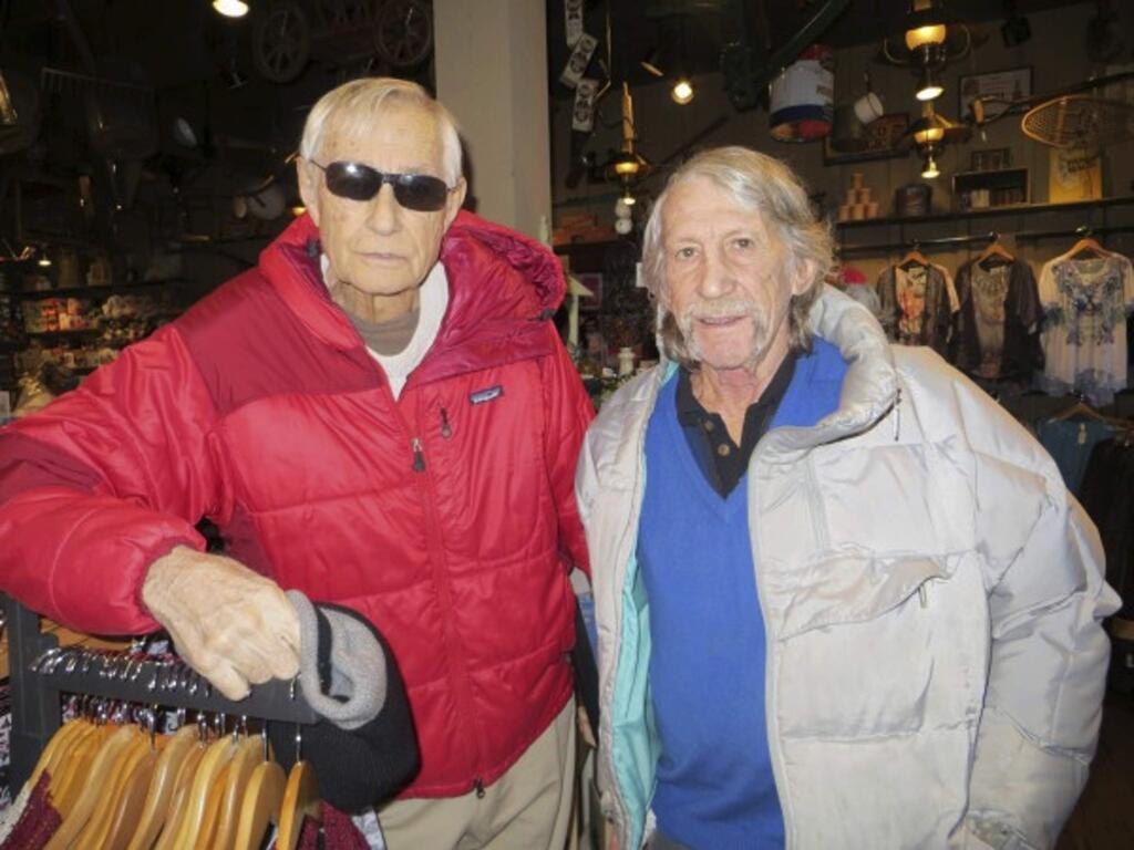 This Jan. 18, 2013 photo provided by Ron Gomez shows legendary climbers Layton Kor, left, and Jim Bridwell in Kingman, Ariz. Bridwell, a hard-partying hippie and legendary climber who lived his life vertically on some of the toughest peaks in Yosemite National Park, has died at age 73. Bridwell died Friday, Feb. 16, 2018, at a hospital. He had liver and kidney failure from hepatitis C that he may have contracted in the 1980s when he got a tattoo from a headhunting tribe in Borneo, his wife, Peggy Bridwell of Palm Desert, told The Associated Press on Saturday. (Ron Gomez via AP)