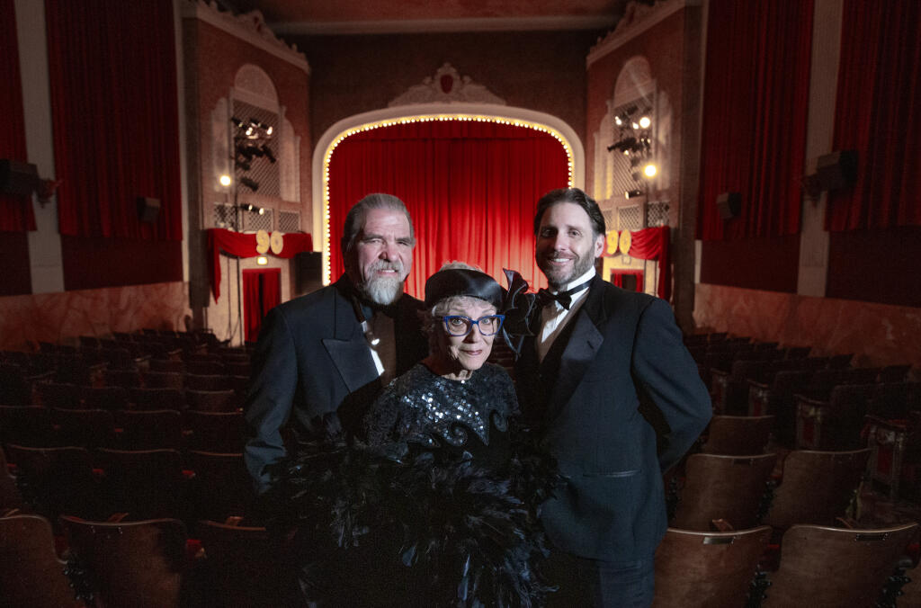 From left, Roger and Diana Rhoten with Tony Ginesi celebrate the Sebastiani Theatre’s 90th Anniversary. Guests dressed in 1930s attire; a nod to the fashion that was in during the decade the theater first opened. Photo taken on Wednesday, April 10, 2024. (Robbi Pengelly/Index-Tribune)