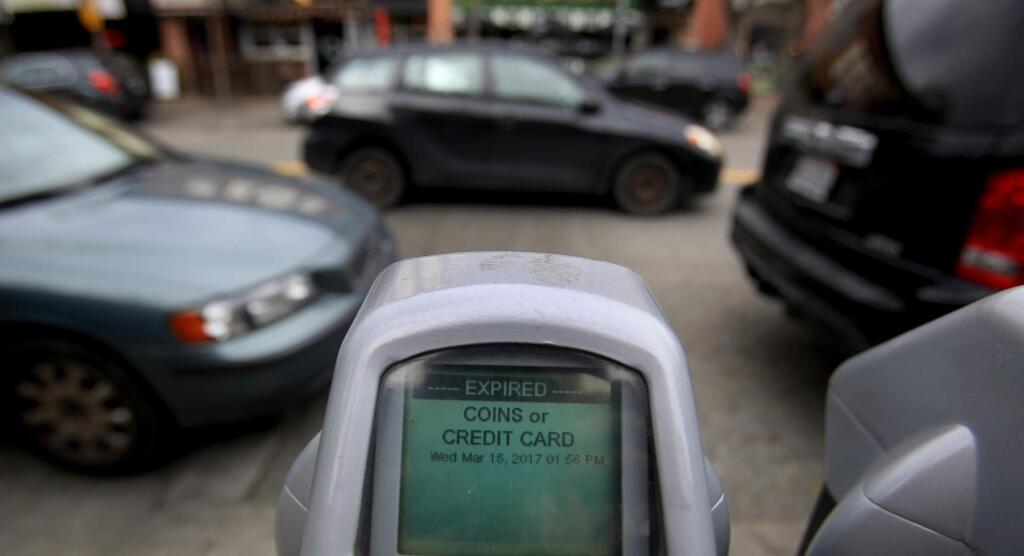 An expired parking meter in downtown along Fourth Street near B Street in Santa Rosa, Wednesday March 15, 2017. (Kent Porter / The Press Democrat) 2017