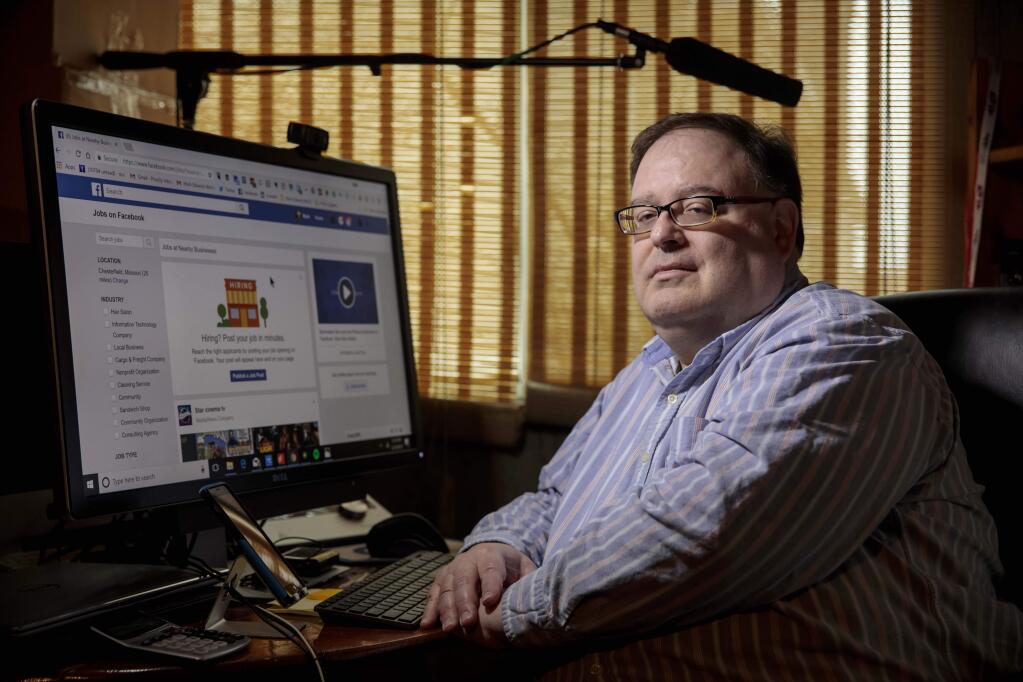 Mark Edelstein, a 58-year-old social-media marketing strategist, at his home in Chesterfield, Mo., on Dec. 14, 2017. Edelstein wasn't shown job advertising placed on Facebook by a company aiming it at a younger audience. (Whitney Curtis/The New York Times)