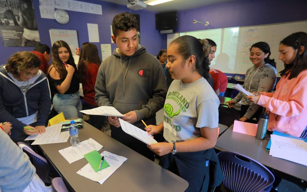 Students of Roseland Collegiate Prep take part in an exercise in 2018. Across Sonoma County, school districts have worked to provide computers and internet hot spots to all students during the pandemic. Students in the Roseland School District have been supplied a computer if they did not have one at home, according to Superintendent Amy Jones-Kerr. (John Burgess / The Press Democrat)