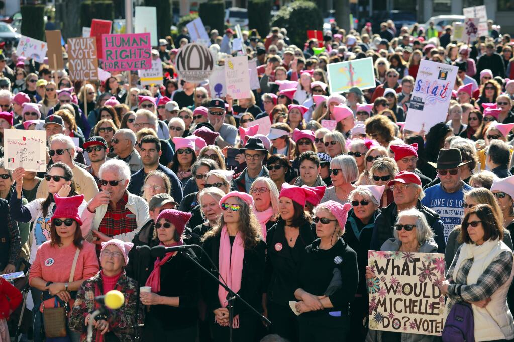 Over 2,000 people gathered in Sonoma Plaza for the Women's March in conjunction with the Women's March on Washington on Saturday, Jan. 20, 2018. (JOHN BURGESS/ PD)