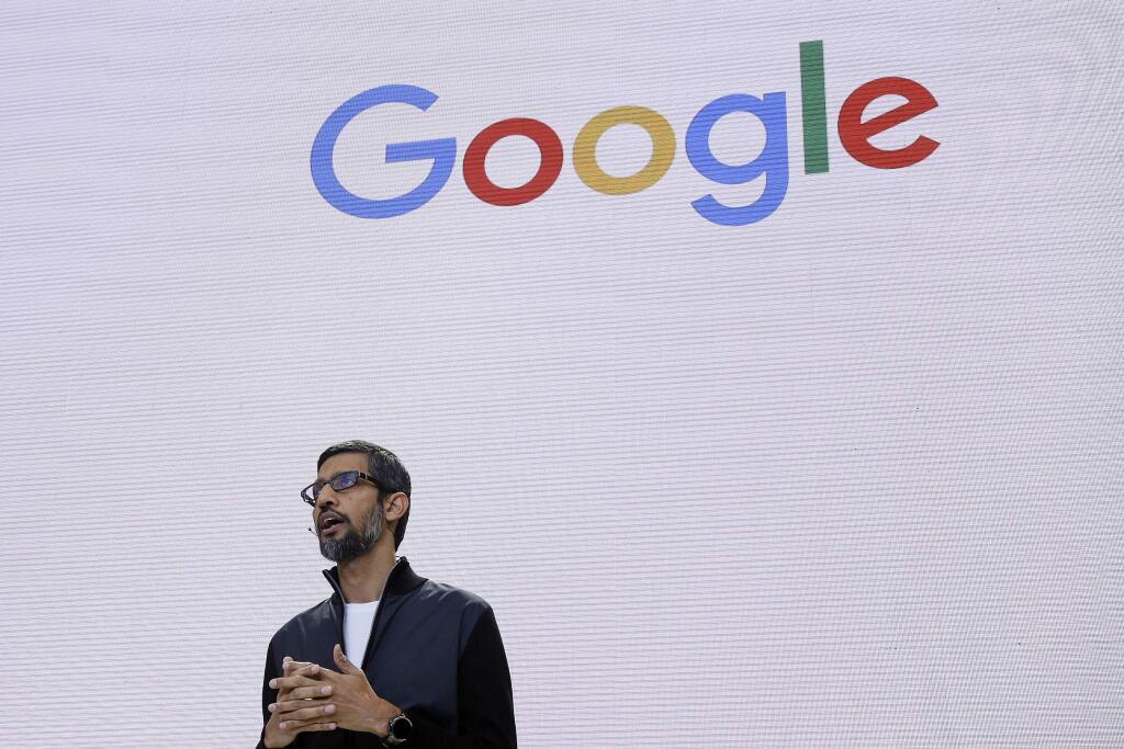 FILE - In this file photo dated May 17, 2017, file photo, Google CEO Sundar Pichai delivers the keynote address for the Google I/O conference in Mountain View, Calif. Pichai has canceled an internal town hall meant to address gender discrimination on Thursday, Aug. 10, after employee questions for management began to leak online from the company's internal messaging service. (AP Photo/Eric Risberg, File)