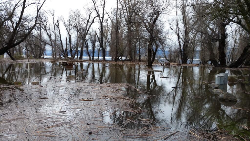 A view of Kelsey Creek campground after this winter's heavy rains and flooding at Clear Lake. Garbage cans, picnic tables, and fire rings floated away in some cases. (Photo courtesy of Cal State Parks)