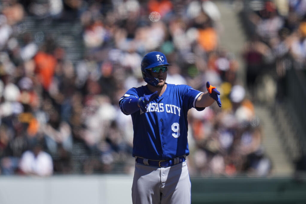 Kansas City Royals' Vinnie Pasquantino celebrates after hitting a double against the San Francisco Giants during the fourth inning of a baseball game in San Francisco, Sunday, April 9, 2023. (AP Photo/Godofredo A. Vásquez)