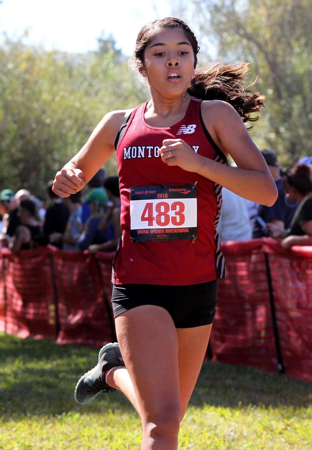 Mariah Briceno of Montgomery High finishes in fourth place in the junior-senior girls race at the school’s Viking Opener Invitational, held at Spring Lake Regional Park in Santa Rosa on Saturday, Sept. 14, 2019. (Darryl Bush / for The Press Democrat)