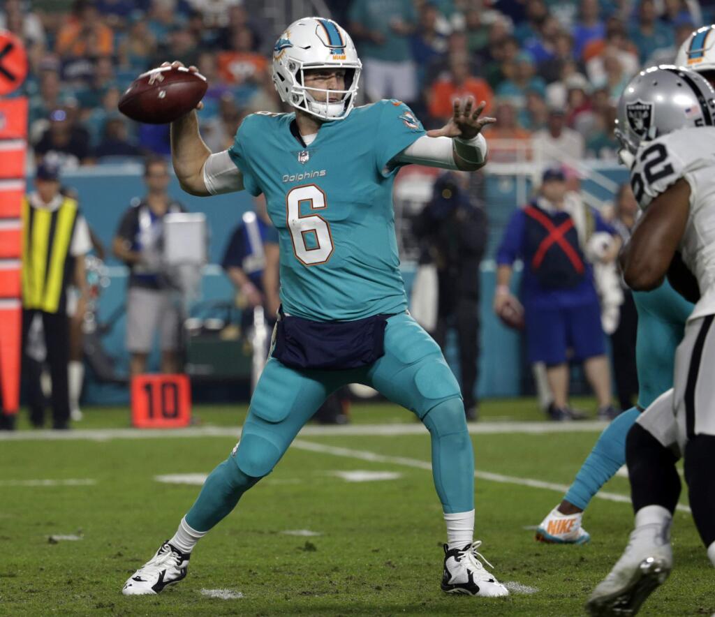 Miami Dolphins quarterback Jay Cutler (6) looks to pass, during the first half of an NFL football game against the Oakland Raiders, Sunday, Nov. 5, 2017, in Miami Gardens, Fla. (AP Photo/Lynne Sladky)