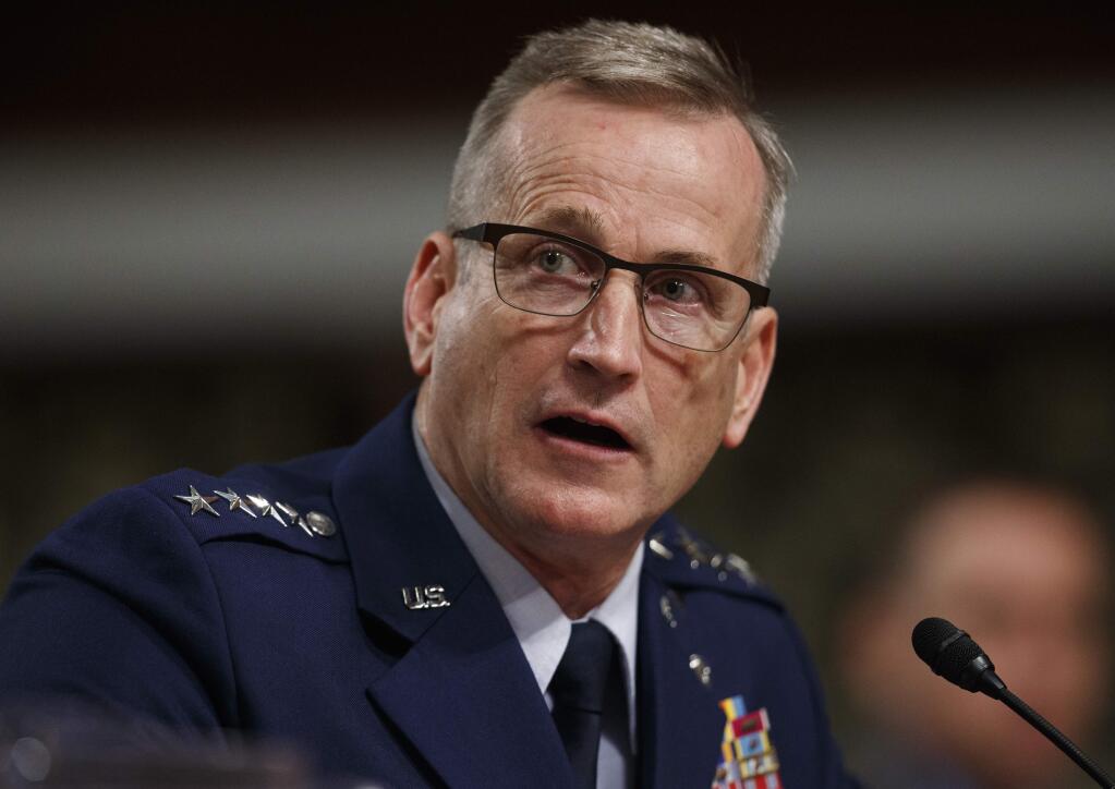 FILE - In this April 17, 2018 file photo, Air Force Gen. Terrence O'Shaughnessy testifies during a Senate Armed Services Committee hearing on Capitol Hill in Washington. (AP Photo/Carolyn Kaster)