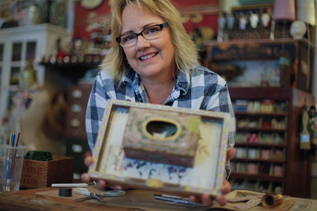 Petaluma, CA, USA. Tuesday, August 23, 2016._ Local craft blogger/artist, Cathe Holden in her 1,000 square-foot “Inspired Barn” craft studio. Cathe, who had a career as a graphic designer and spent the last eight years blogging, sharing DIY tutorials, hosting workshops at her studio, now says she's taking a step back from that and combining those skills to make “assemblage art.” (CRISSY PASCUAL/ARGUS-COURIER STAFF)