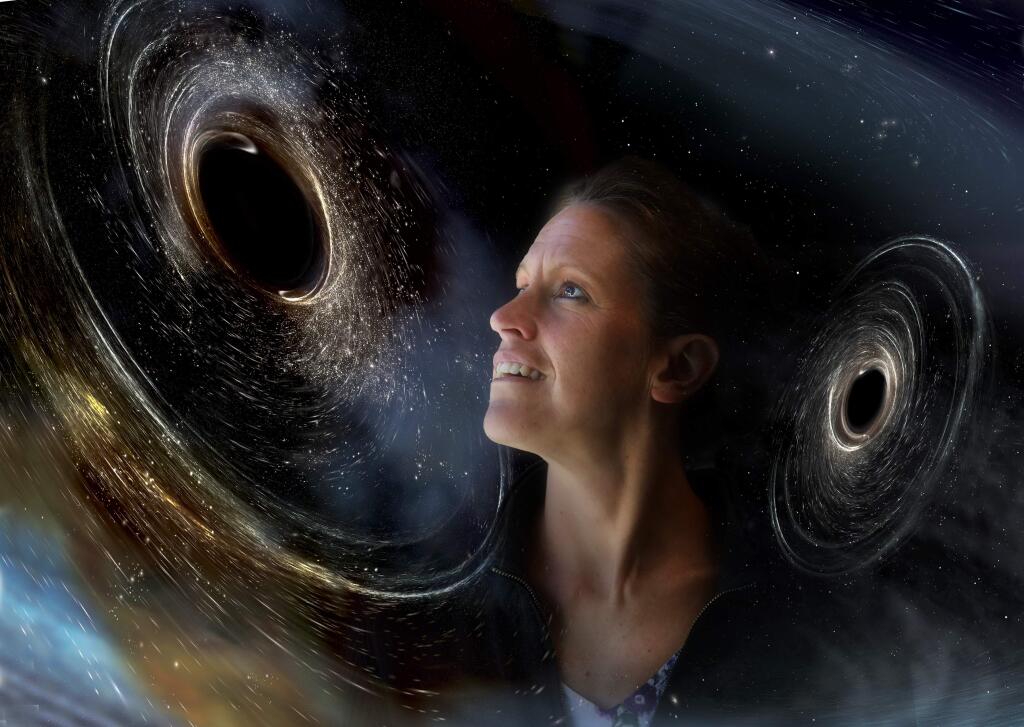 Scientific illustrator Aurore Simonnet creates vivid images of the cosmos in her office at Sonoma State University. (Photo Illustration by John Burgess/The Press Democrat, Converging Black Hole illustration by Aurore Simonnet)