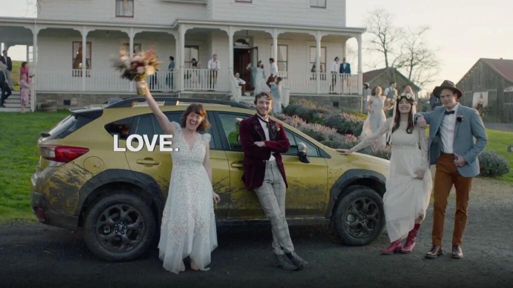 A shot from the end of the Subaru commercial “Barn Wedding,” filmed in Petaluma. (COURTESY OF SUBARU)