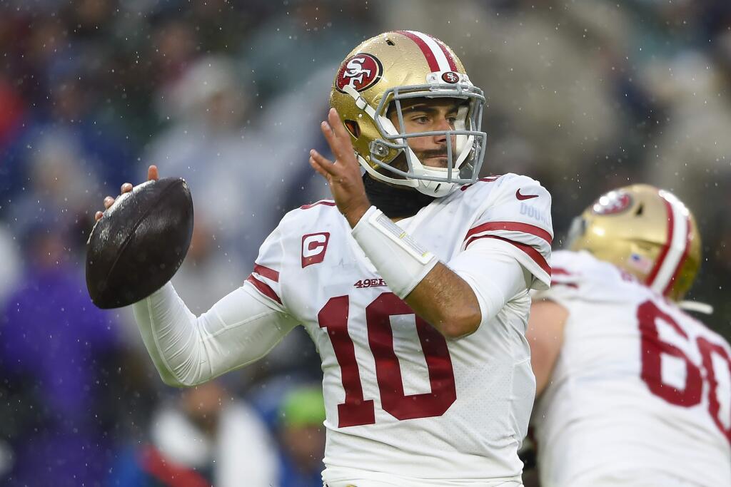 San Francisco 49ers quarterback Jimmy Garoppolo looks to pass the ball during the first half against the Baltimore Ravens, Sunday, Dec. 1, 2019, in Baltimore, Md. (AP Photo/Gail Burton)