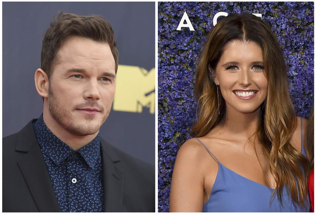 FILE- This combination of file photos shows Chris Pratt at the MTV Movie and TV Awards on June 16, 2018, in Santa Monica, Calif., left, and Katherine Schwarzenegger at Caruso's Palisades Village opening gala on Sept. 20, 2018, in Los Angeles, right. Pratt posted a photo of the Katherine Schwarzenegger sporting an engagement ring on Instagram Monday, Jan. 14, 2019. He wrote, ‚ÄúSweet Katherine, so happy you said yes!‚Äù There‚Äôs no word when and where the wedding will take place. (Photo by Jordan Strauss/Invision/AP, File)