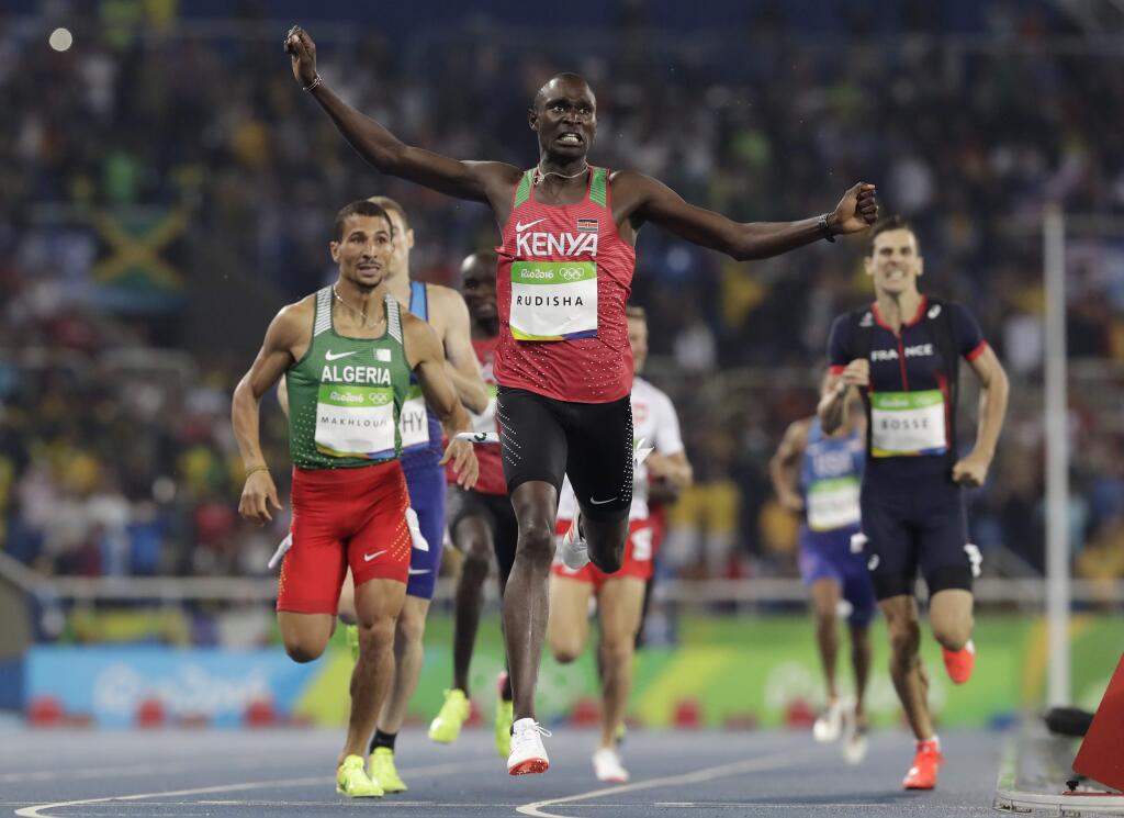 Kenya's David Lekuta Rudisha wins the men's 800-meter final during the athletics competitions of the 2016 Summer Olympics at the Olympic stadium in Rio de Janeiro, Brazil, Monday, Aug. 15, 2016. (AP Photo/David J. Phillip)