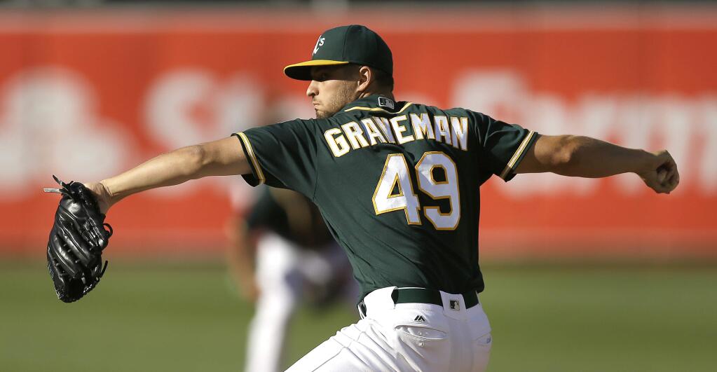 Oakland Athletics pitcher Kendall Graveman works against the Tampa Bay Rays in the first inning of a baseball game Saturday, July 23, 2016, in Oakland, Calif. (AP Photo/Ben Margot)