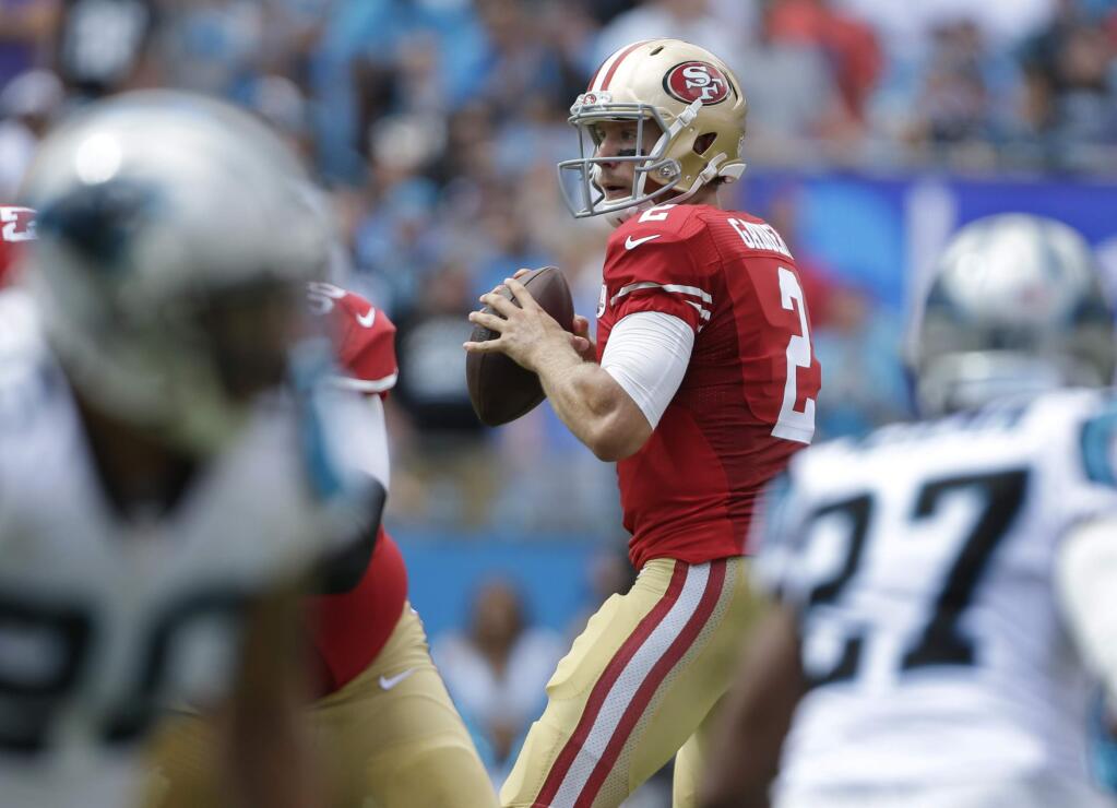 FILE - In this Sept. 18, 2016, file photo, San Francisco 49ers quarterback Blaine Gabbert looks to pass against the Carolina Panthers during an NFL football game in Charlotte, N.C. Gabbert has struggled to get the ball downfield for San Francisco this season, especially on third downs. (AP Photo/Bob Leverone, File)