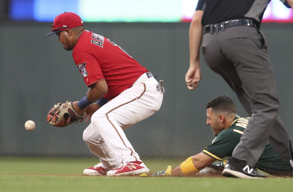Minnesota Twins second baseman Luis Arraez, left, waits for the ball as the Oakland Athletics' Ramon Laureano slides safely into second on a double in the fourth inning Friday, July 19, 2019, in Minneapolis. (AP Photo/Jim Mone)