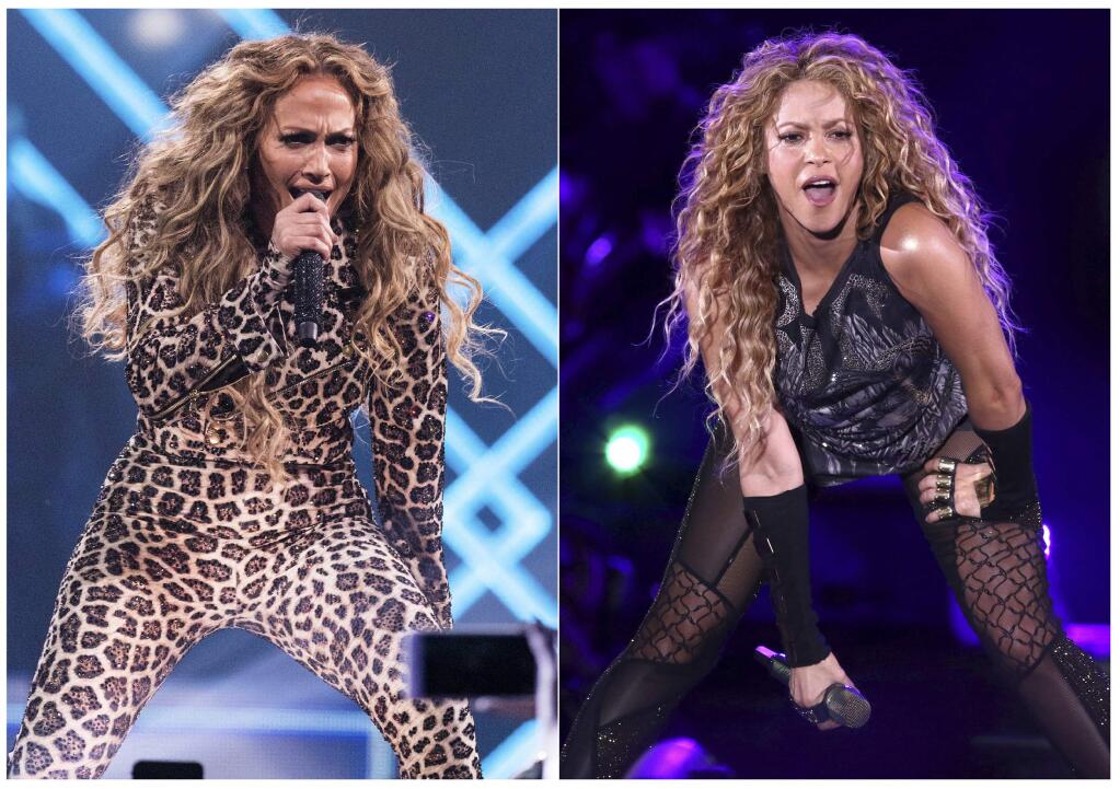 This combination photo shows actress-singer Jennifer Lopez performing at the Directv Super Saturday Night in Minneapolis on Feb. 3, 2018, left, and Shakira performing at Madison Square Garden in New York on Aug. 10, 2018. The NFL, Pepsi and Roc Nation announced Thursday, Sept. 26, 2019, that Lopez and Shakira will perform at the 2020 Pepsi Super Bowl Halftime Show on Feb. 2, 2020 at Hard Rock Stadium in Miami Gardens, Fla. (Photo by Michael Zorn, left, Greg Allen/Invision/AP)