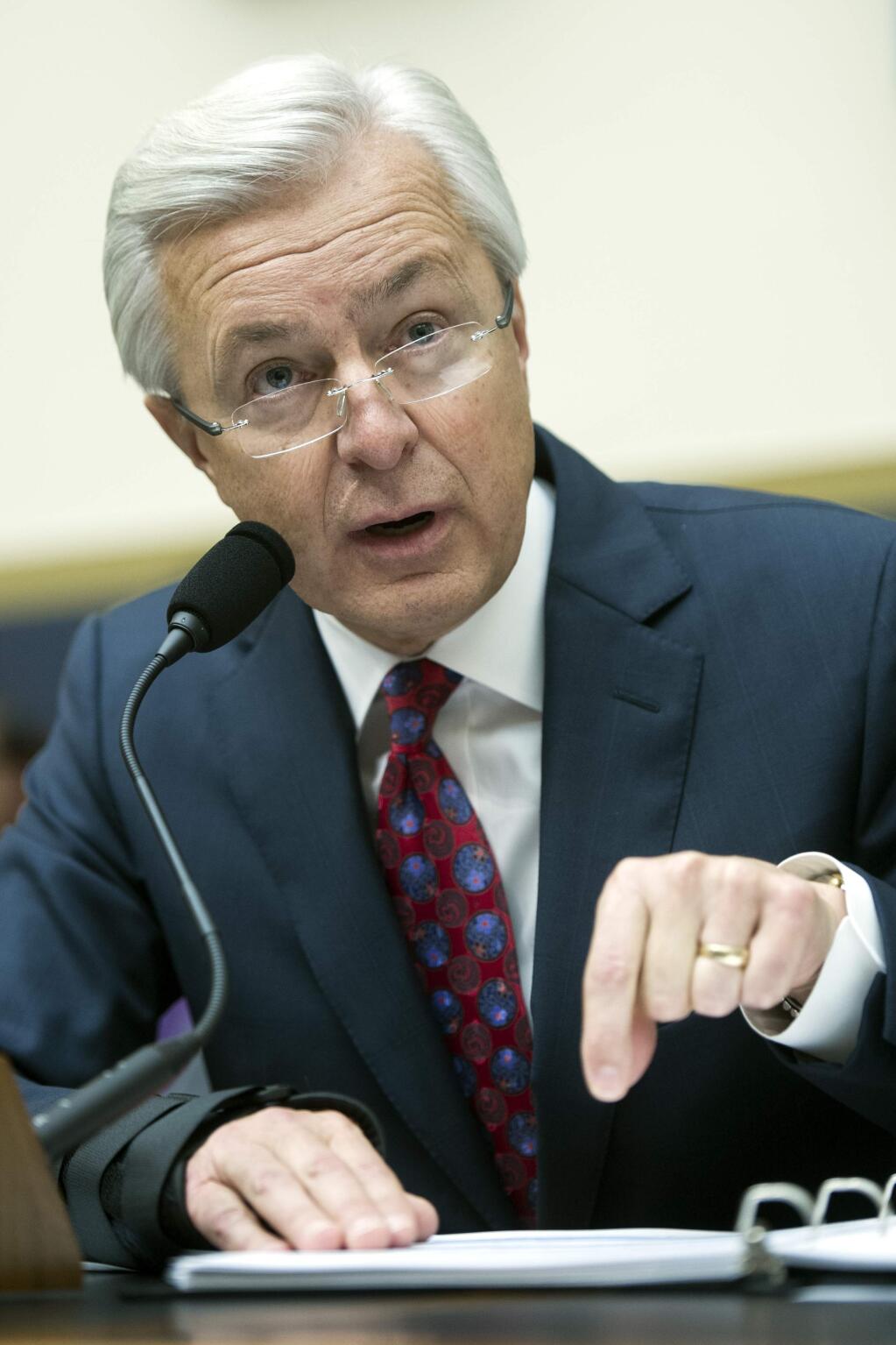 Wells Fargo CEO John Stumpf testifies on Capitol Hill in Washington, Thursday, Sept. 29, 2016, before the House Financial Services Committee investigating Wells Fargo's opening of unauthorized customer accounts. (AP Photo/Cliff Owen)
