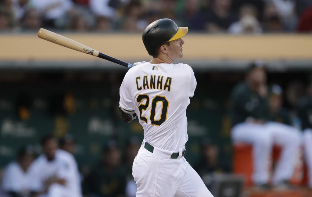 Oakland Athletics' Mark Canha swings for a two-run single off St. Louis Cardinals' Dakota Hudson in the first inning of a baseball game Saturday, Aug. 3, 2019, in Oakland, Calif. (AP Photo/Ben Margot)