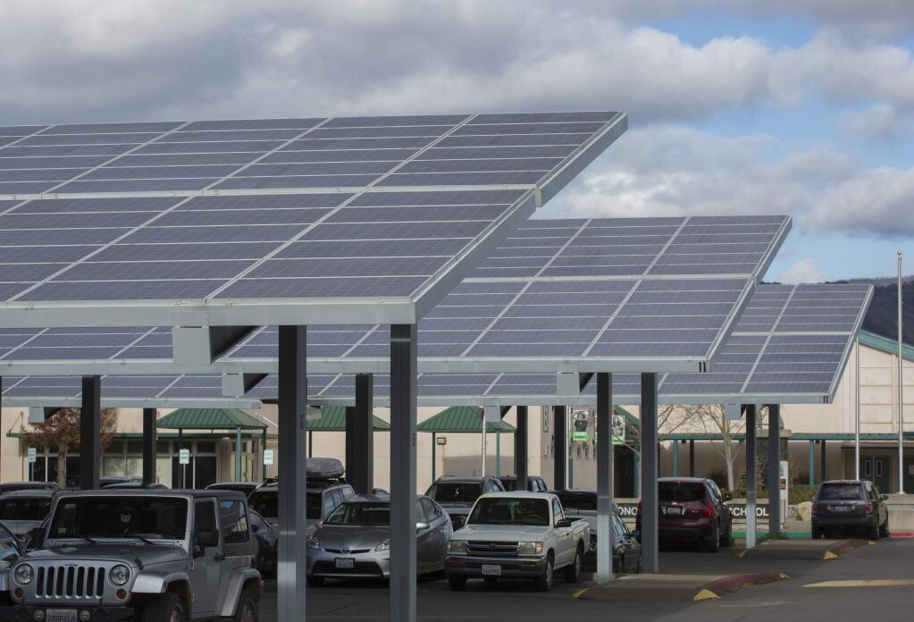 The solar panels that cover the parking lot at Sonoma Valley High School on Broadway will help power a potential micro grid. (Photo by Robbi Pengelly/Index-Tribune)