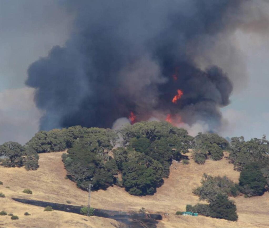 Firefighters battle a wildfire Saturday in the Redwood Valley area north of Lake Mendocino. (Kimberley Mitchell / Courtesy Photo)