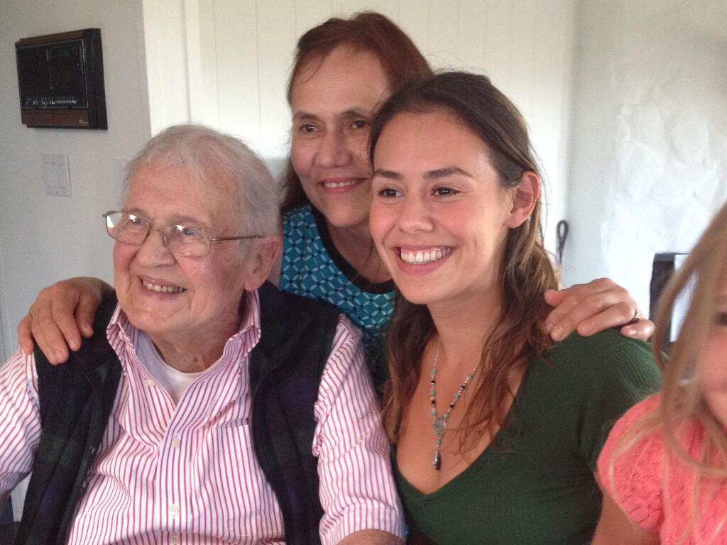 From left, Barclay Nalley at his 90th birthday last July, with Liduvina Medrano and her daughter, Adriana Hernandez..