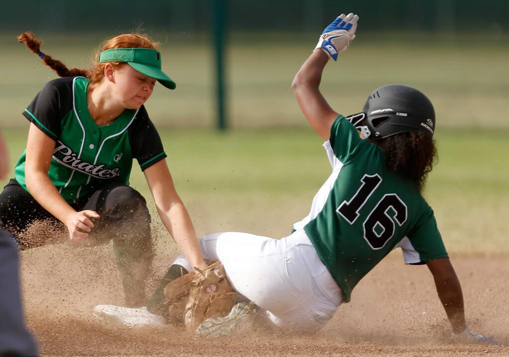 Sonoma Valley's Maddy Lentini, right, slides safely into second base beating the tag from Drake's Carissa Reulbach during the NCS Division III semifinal softball game between Drake and Sonoma Valley high schools in Sonoma, California on Tuesday, May 30, 2017. (Alvin Jornada / The Press Democrat)
