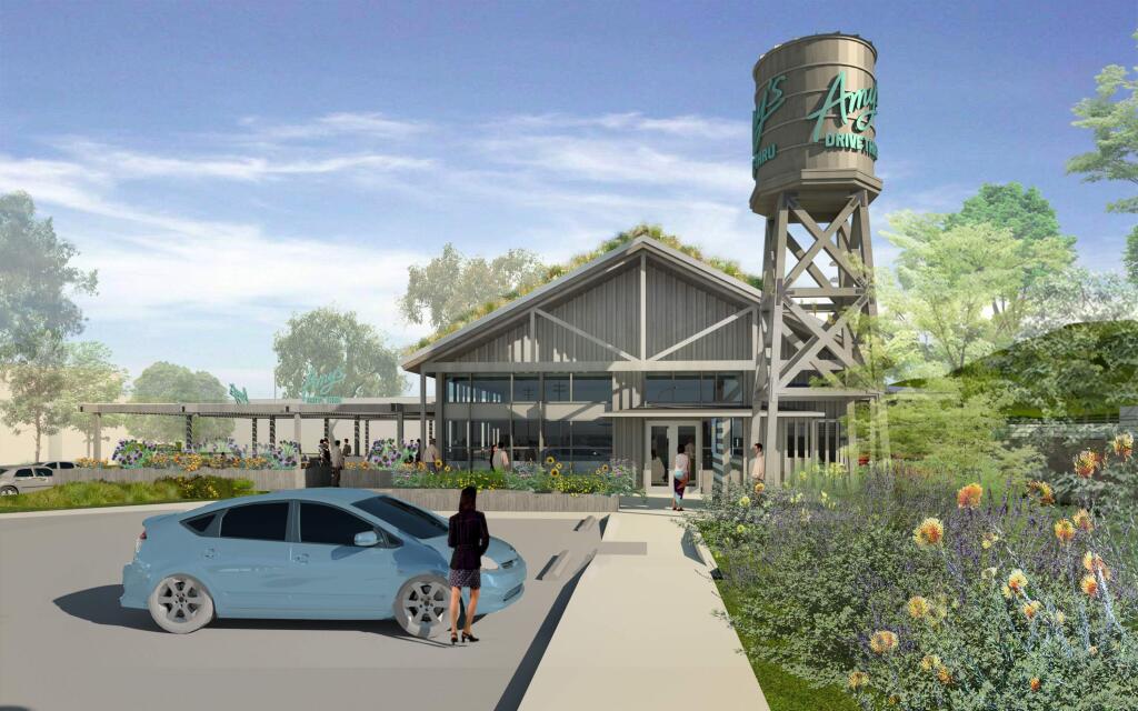 Rendering of the 2017 design, since revised to exclude the water tower, of the planned Amy's Drive Thru restaurant in Corte Madera, set to open in 2020. (COURTESY OF AMY'S KITCHEN)